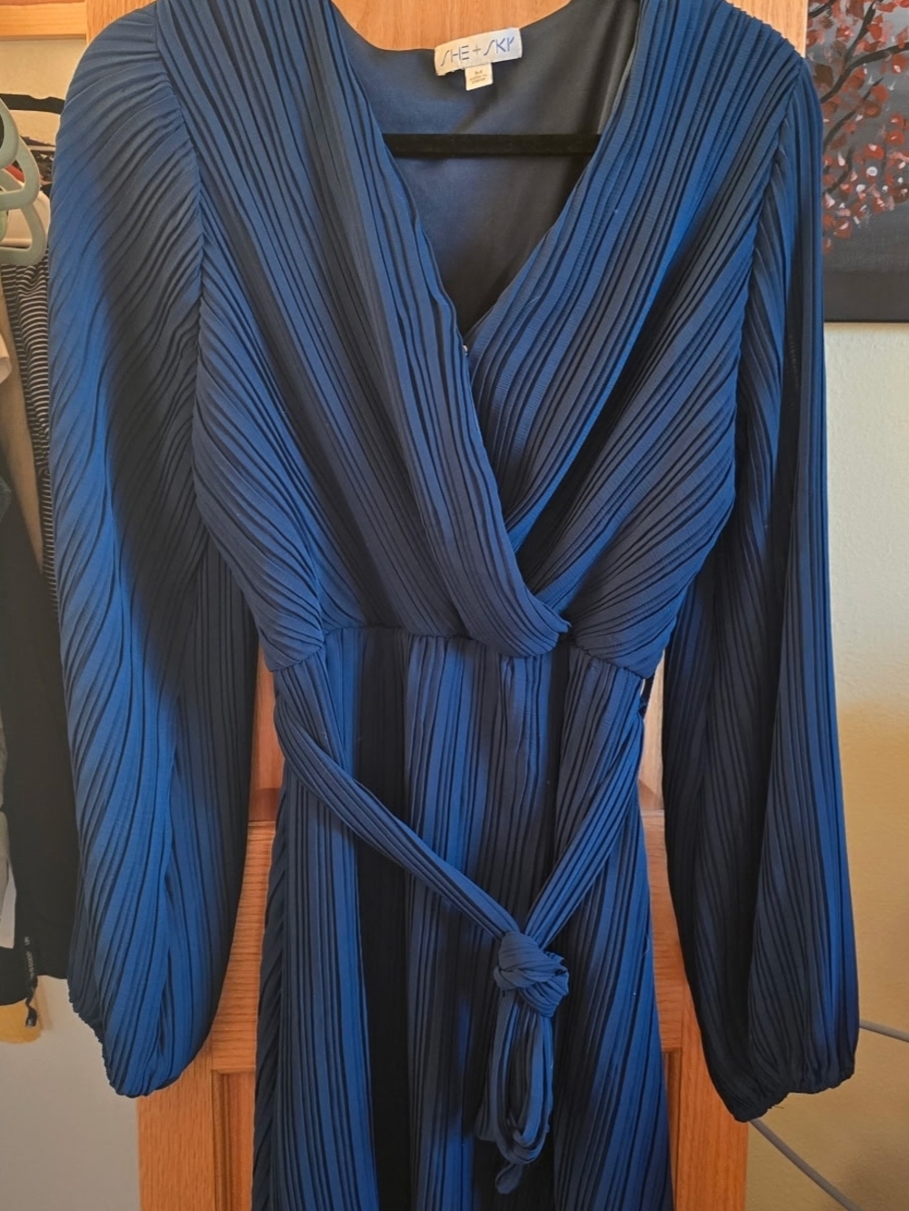 She + Sky Blue Pleated Long Sleeve Dress